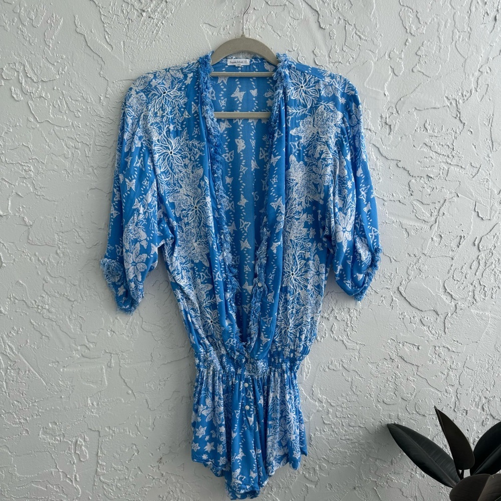 Poupette St Barth Printed V-Neck coastal Romper, size Small